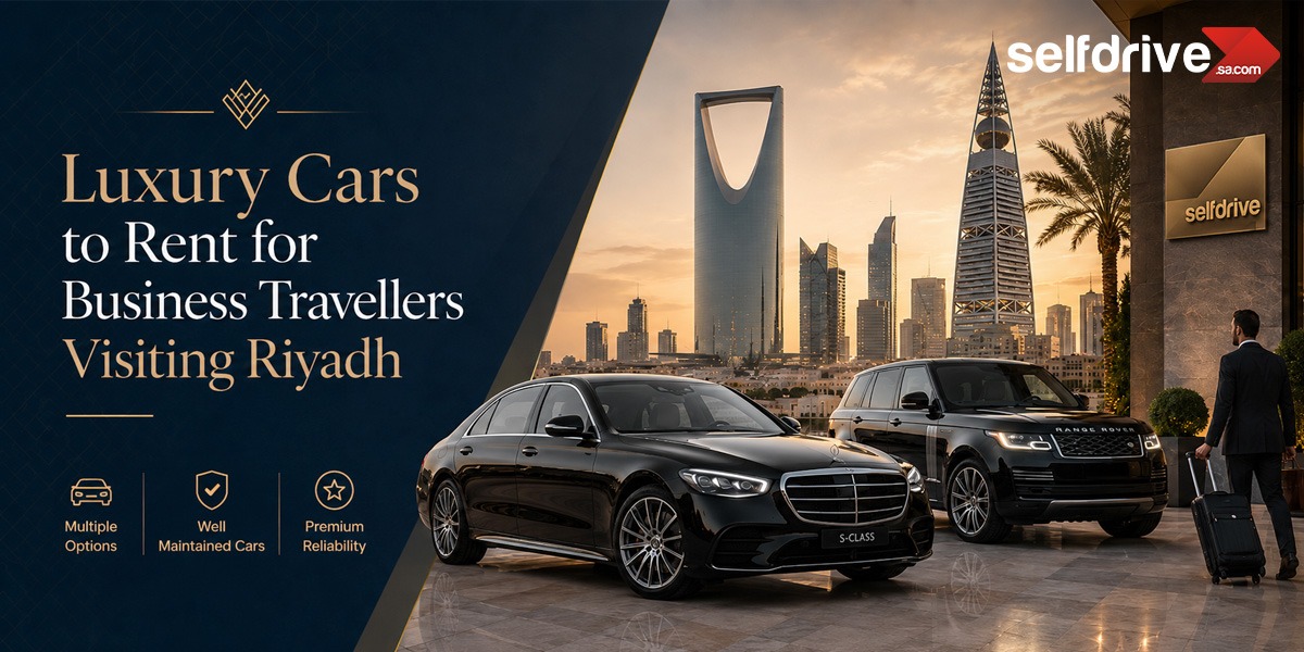 Luxury car rental ad featuring a black Mercedes and Range Rover in front of Riyadh's skyline during sunset. Elegant, professional tone.